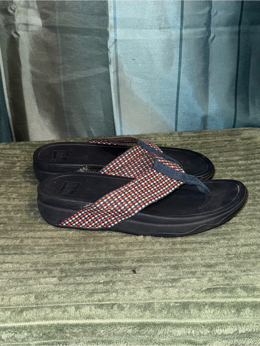 Fitflop Women's Black Sandals with Red and White Woven Straps
